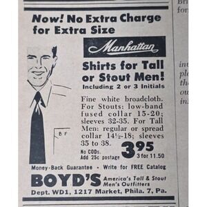 Vintage‎ Manhattan Shirts Print Ad 1954 Boyds Philadelphia Tall Stout Menswear